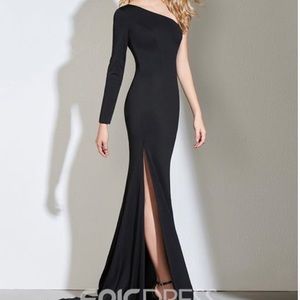 One shoulder long sleeve black slit gown